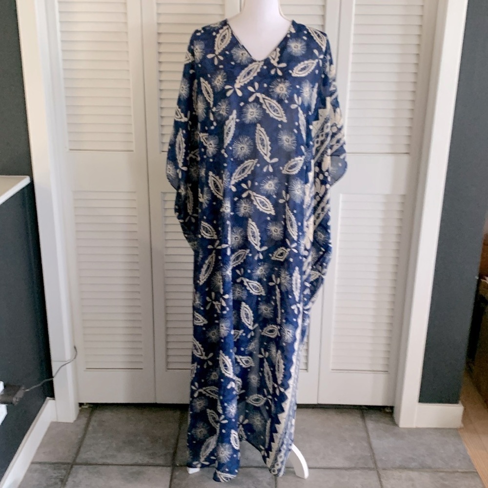 Vintage Mary McFadden Women’s Navy Blue Taupe Print Kaftan Maxi Dress OSFM Beach